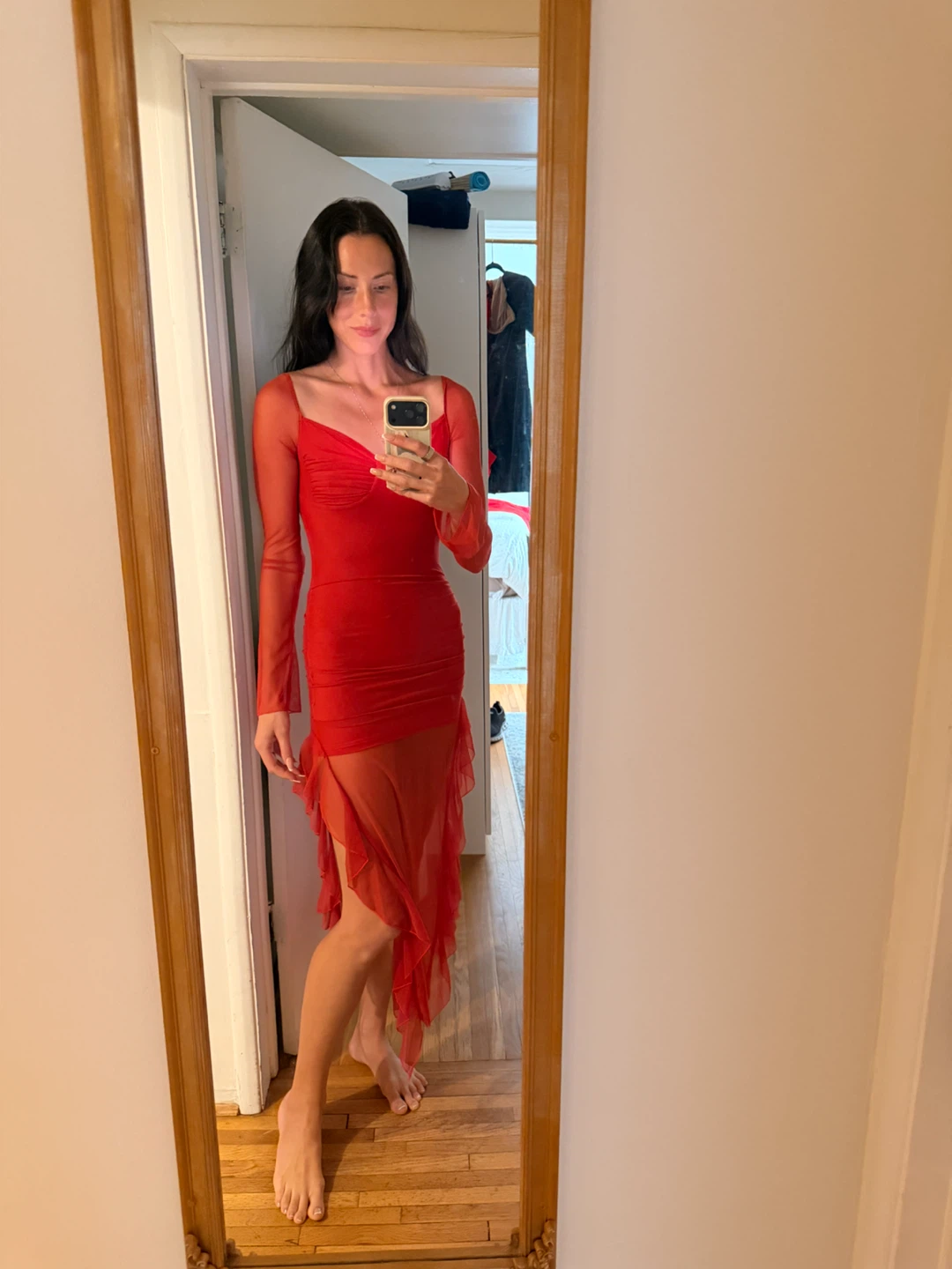 Red Mesh Ruched Asymmetrical Dress