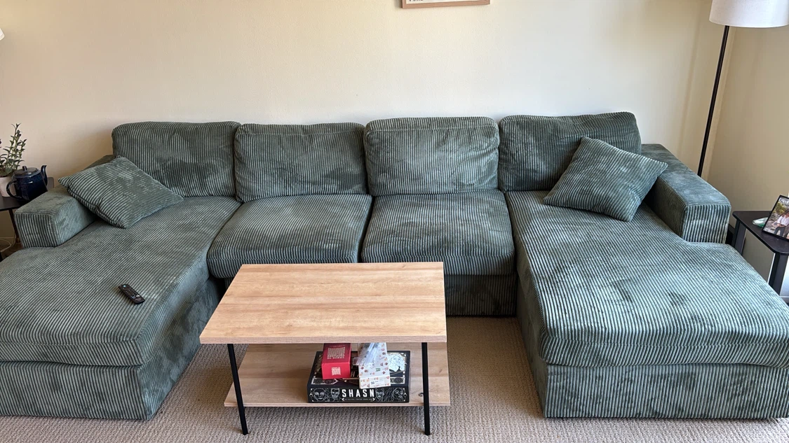 Green Corduroy Sectional Sofa with Chaise