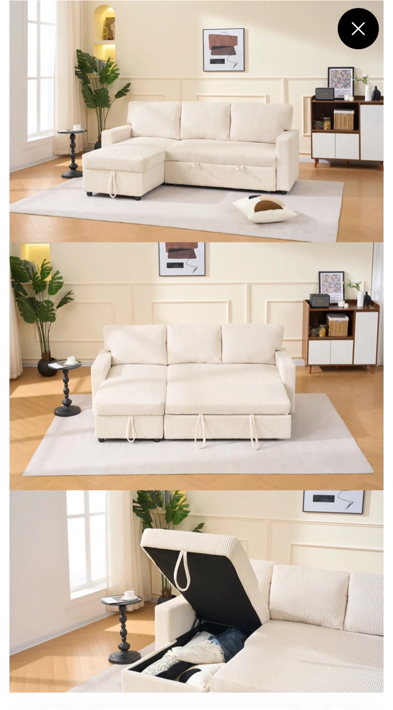 Cream Corduroy Sectional Sofa Bed with Storage