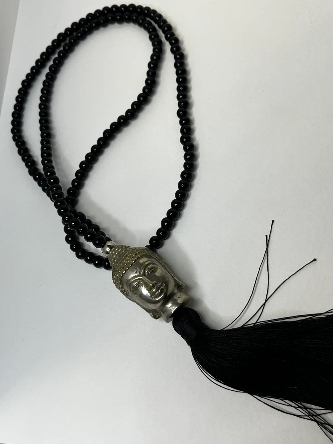 Buddha Head Pendant Necklace with Black Beads and Tassel