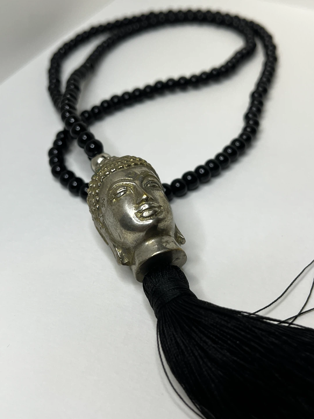 Buddha Head Pendant Necklace with Black Beads and Tassel - photo 2