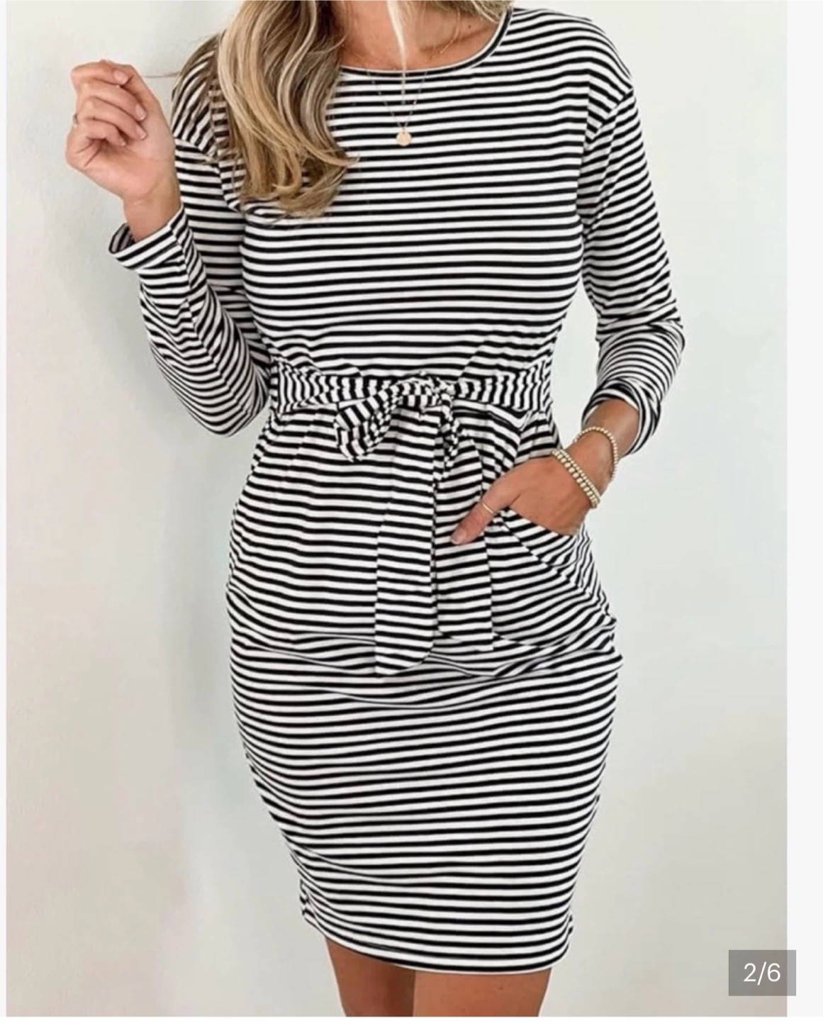 Striped Long Sleeve Dress with Tie Waist - photo 2