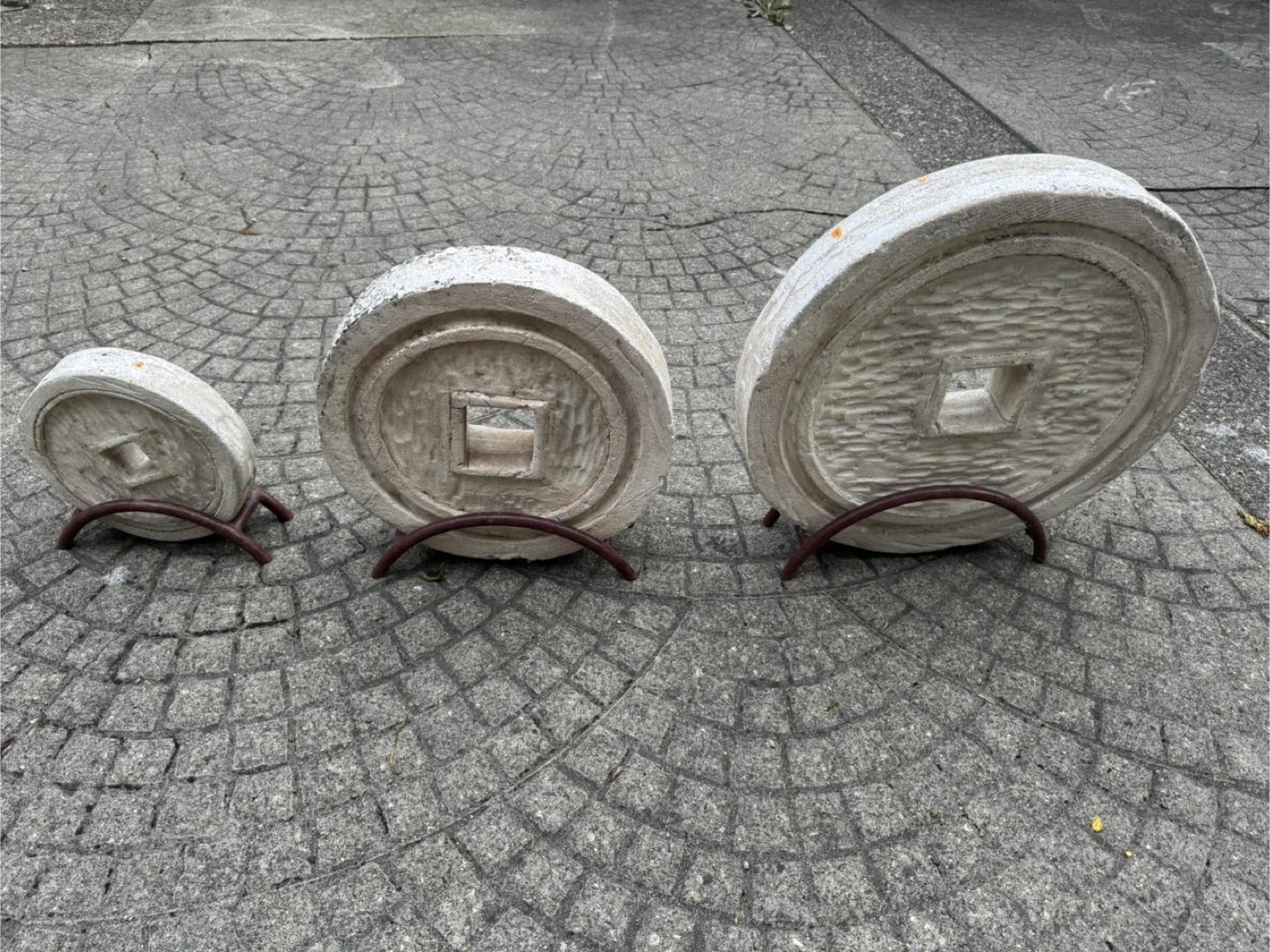 Set of 3 Decorative Giant Stone Asian Coins with Iron Stands - photo 2