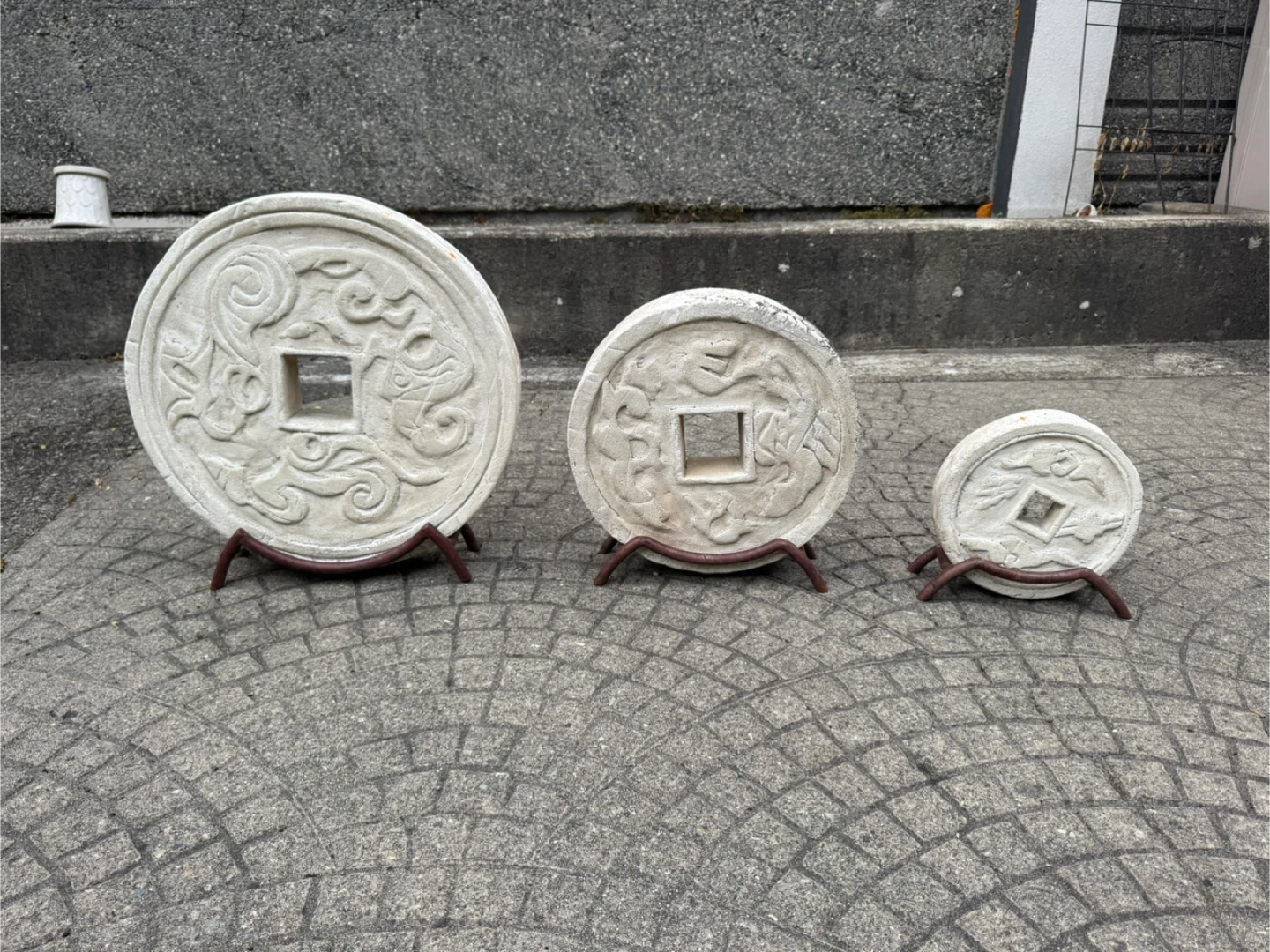 Set of 3 Decorative Giant Stone Asian Coins with Iron Stands