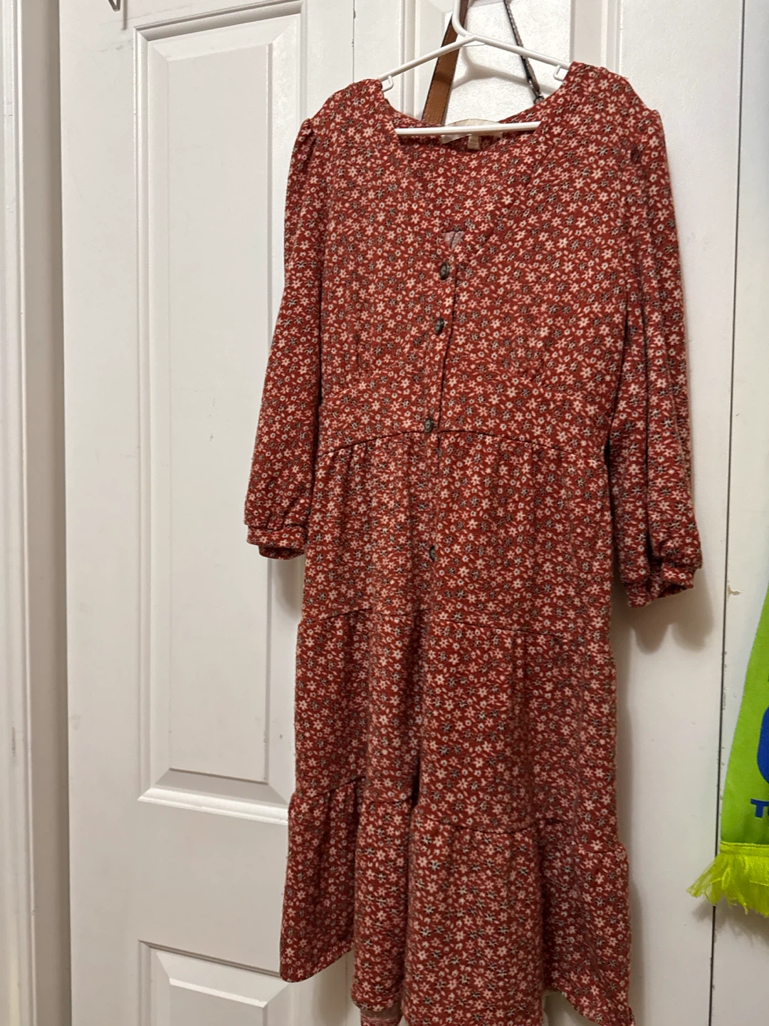 Red Floral Print Button-Front Tiered Midi Dress