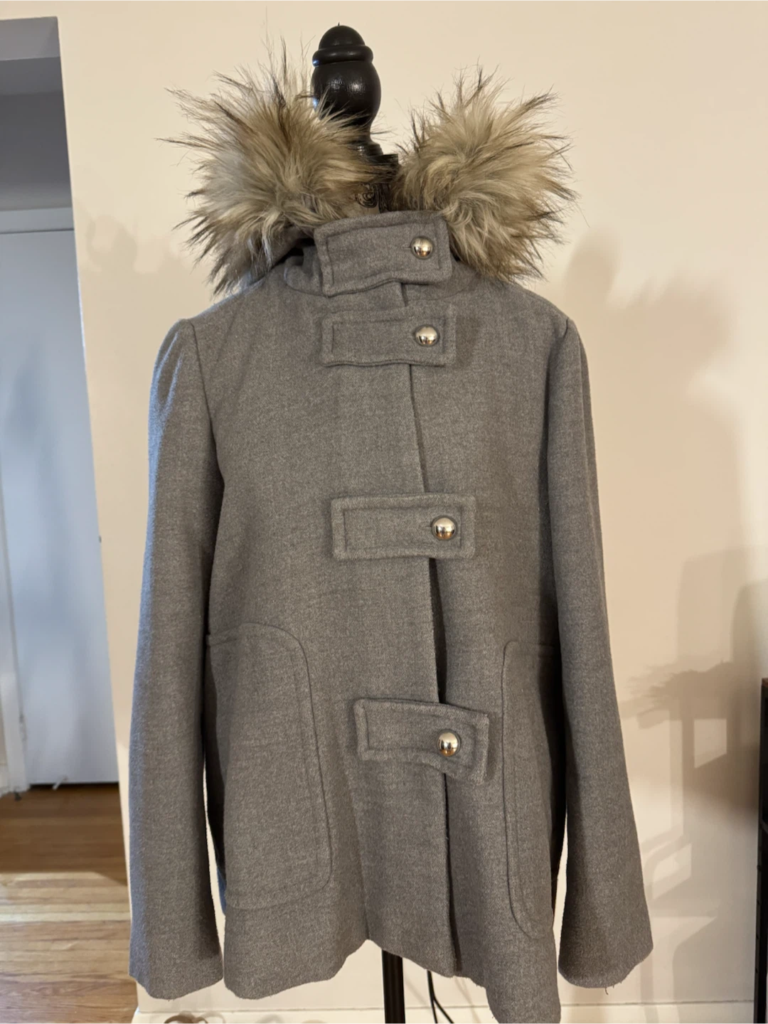 Zara Grey Hooded Duffle Coat with Faux Fur Trim