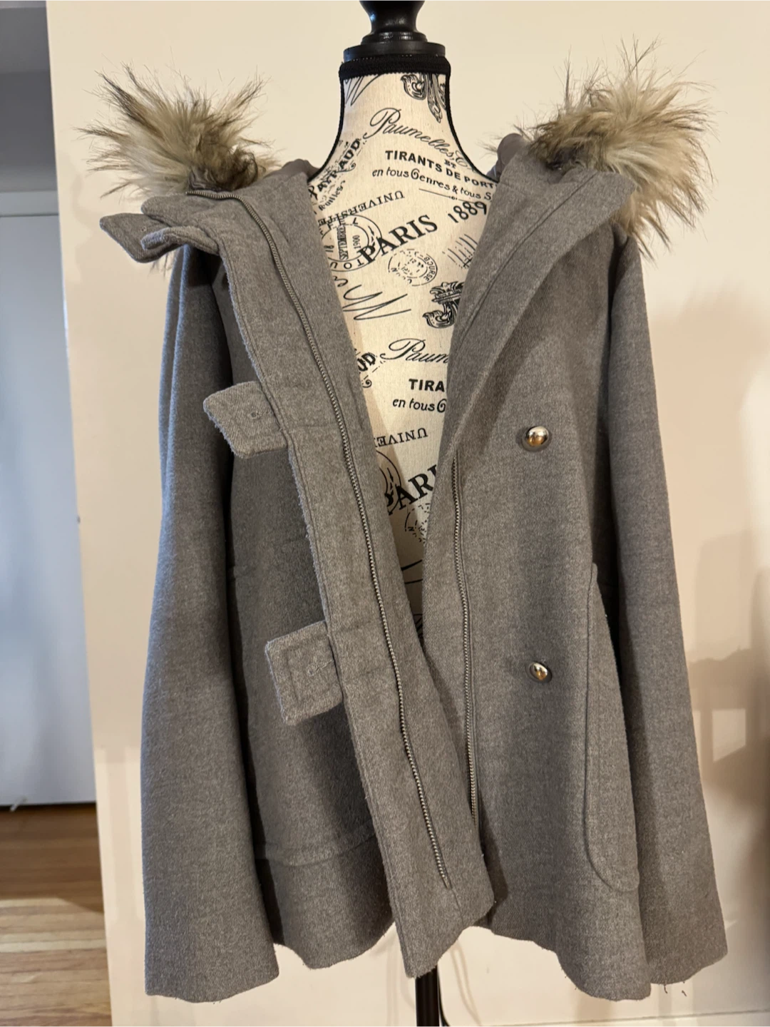 Zara Grey Hooded Duffle Coat with Faux Fur Trim - photo 2