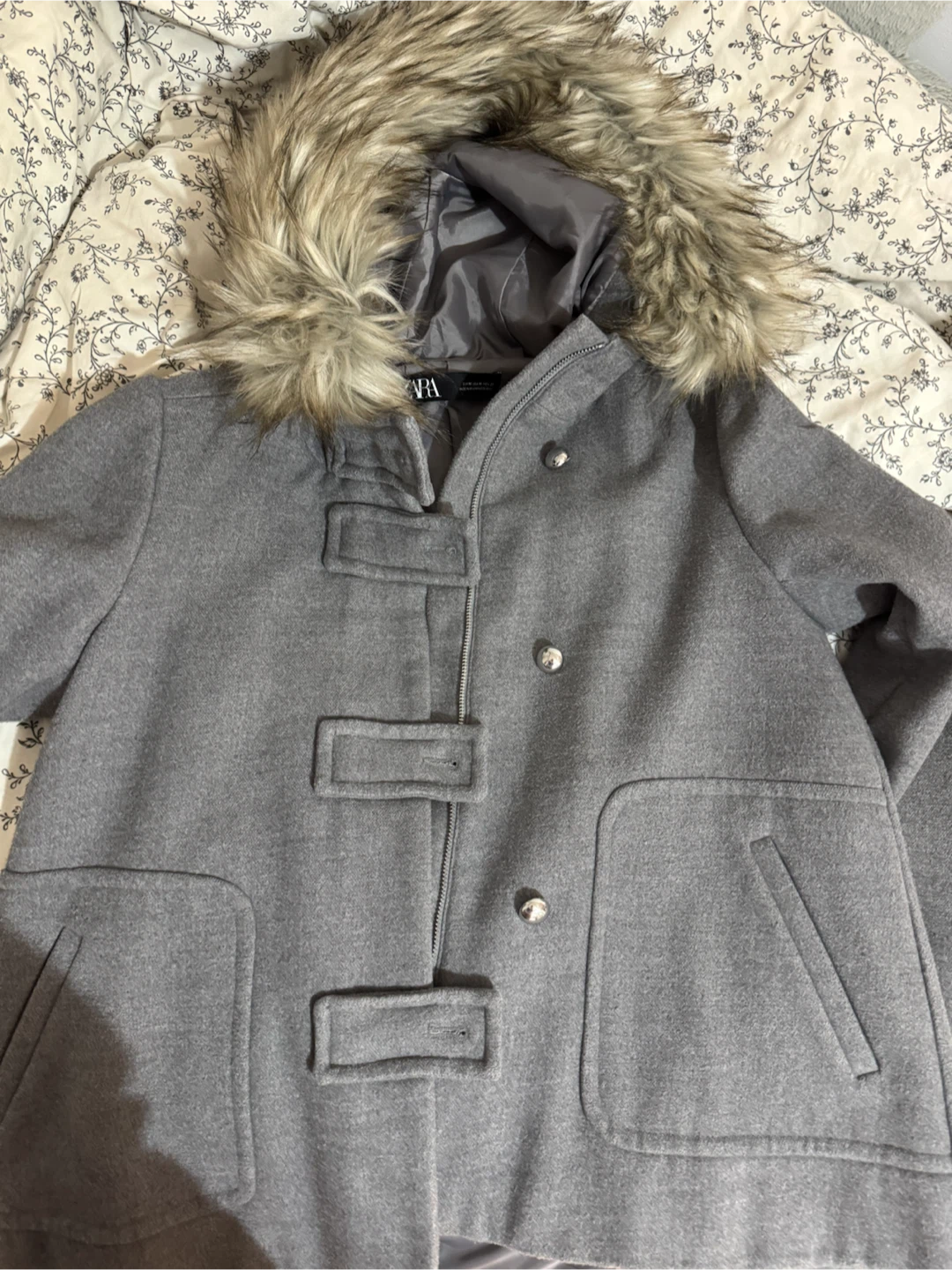 Zara Grey Hooded Duffle Coat with Faux Fur Trim - photo 4