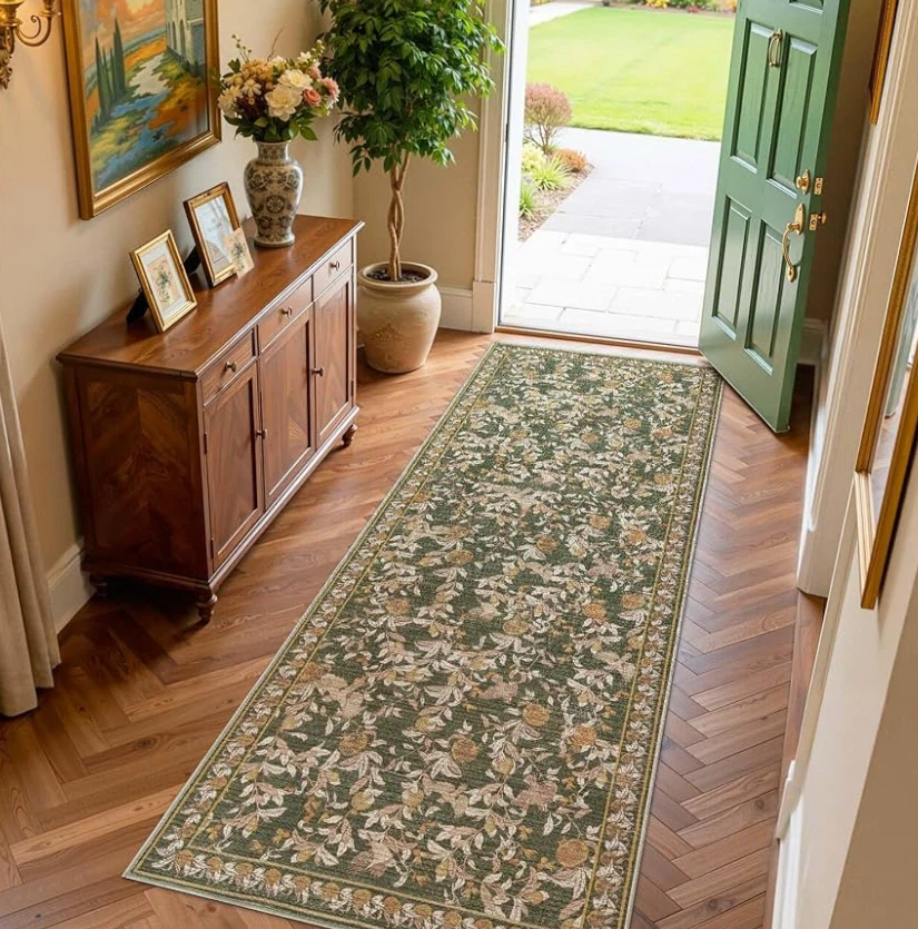 Green Floral Runner Rug - Ultra Soft & Non-Slip