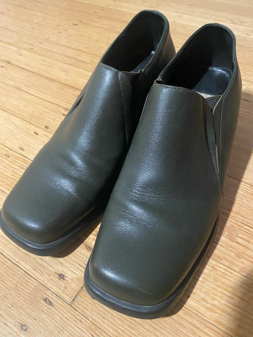 Vintage Cleo Olive Green Square Toe Heeled Ankle Boots