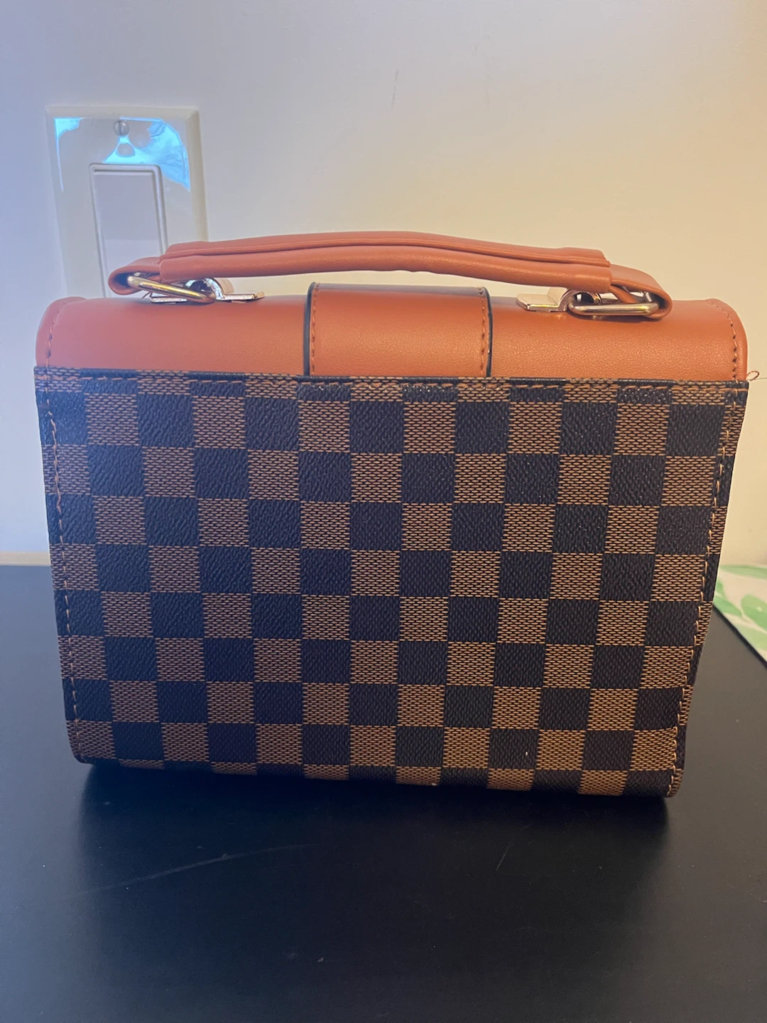 Brown checkered handbag with tan accents - photo 2