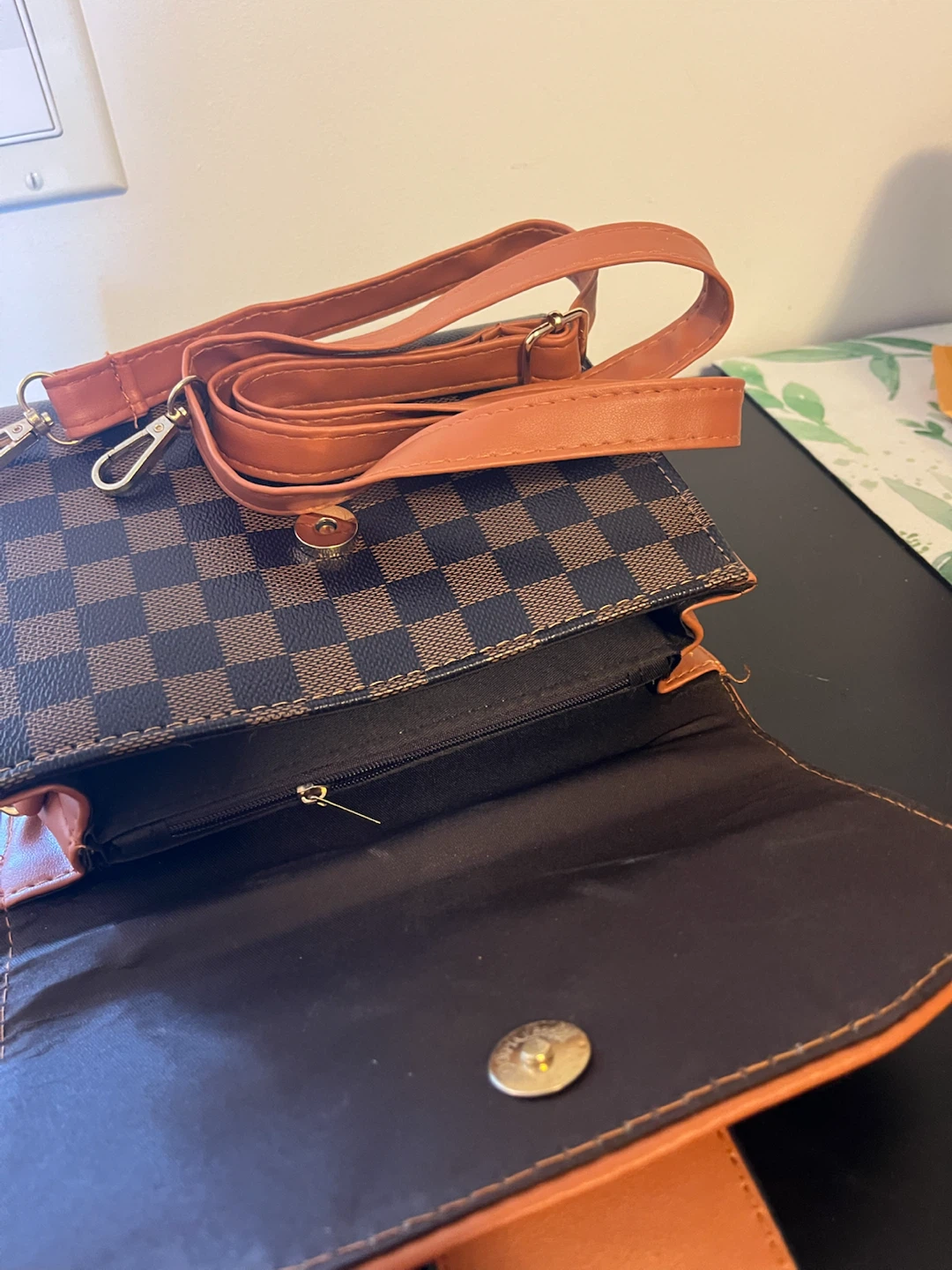 Brown checkered handbag with tan accents - photo 3