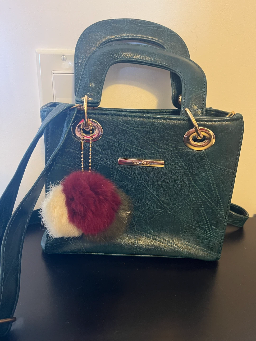 Dark Green Top Sally Handbag with Pom Pom