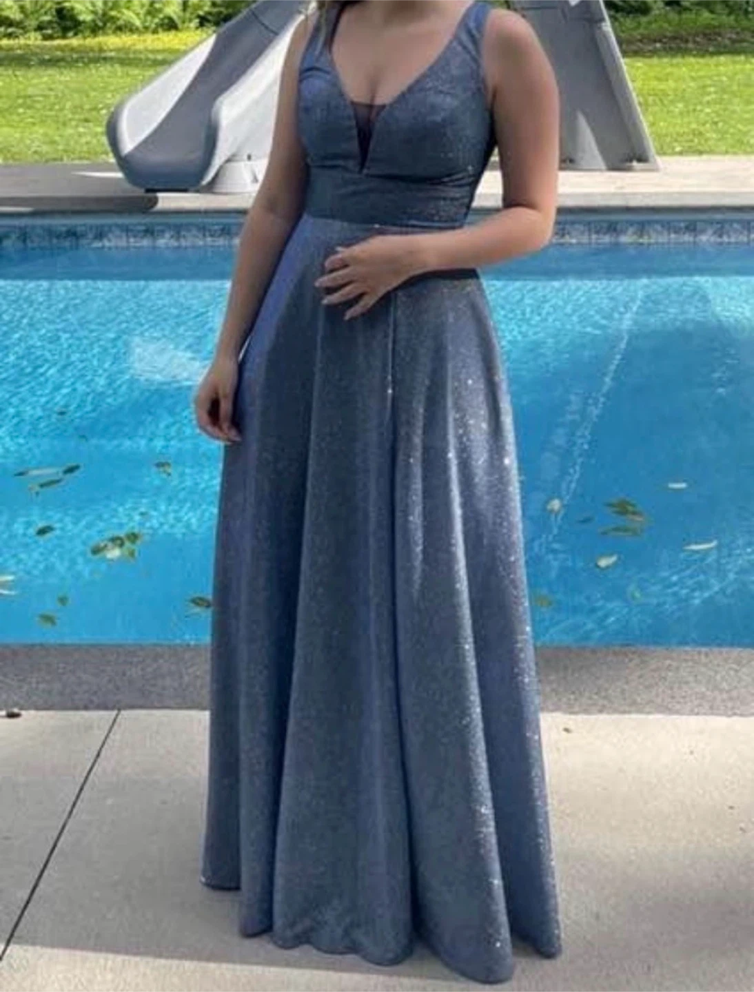 Sparkly Blue V-Neck A-Line Gown