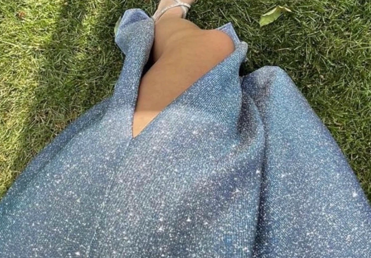 Sparkly Blue V-Neck A-Line Gown - photo 2