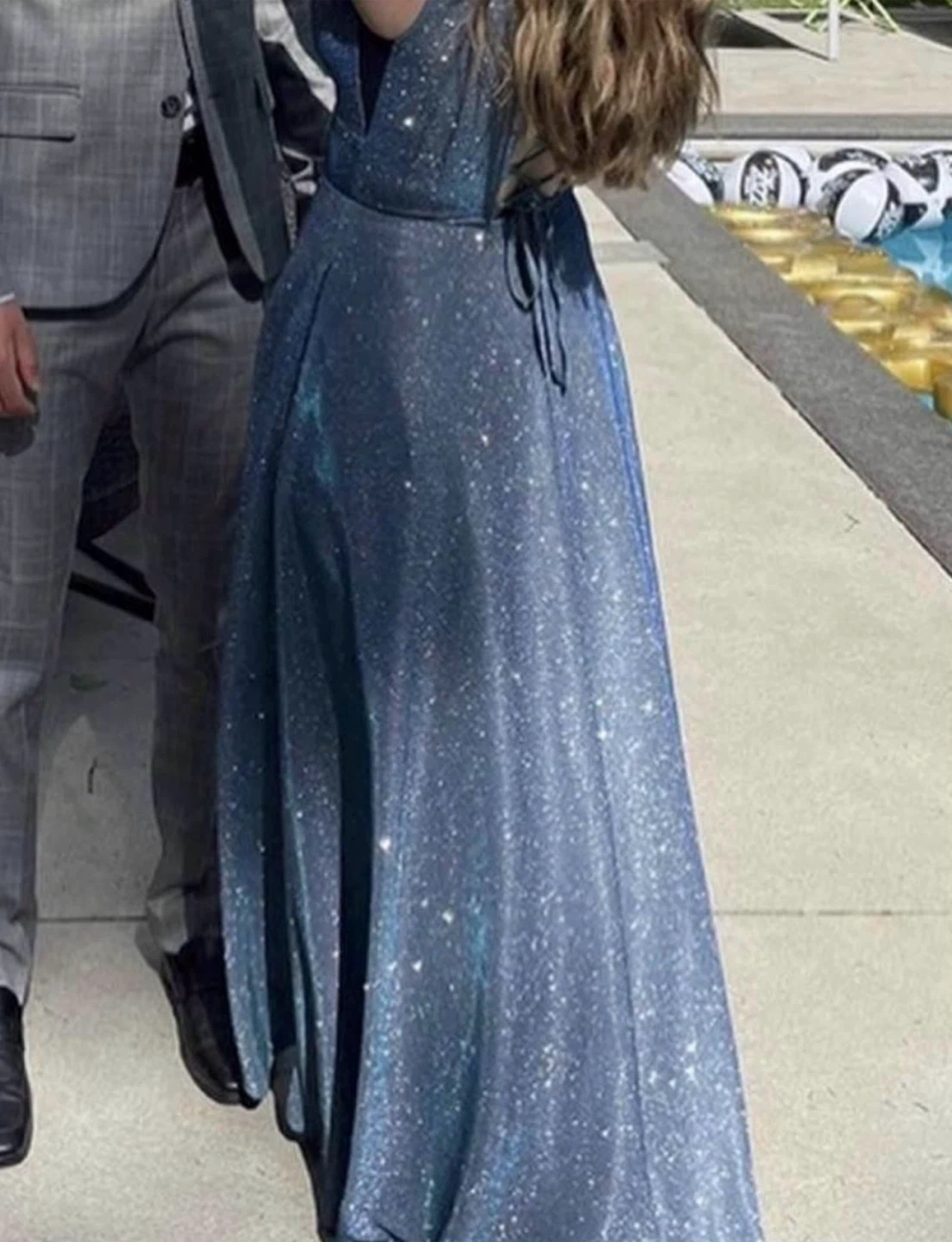 Sparkly Blue V-Neck A-Line Gown - photo 3