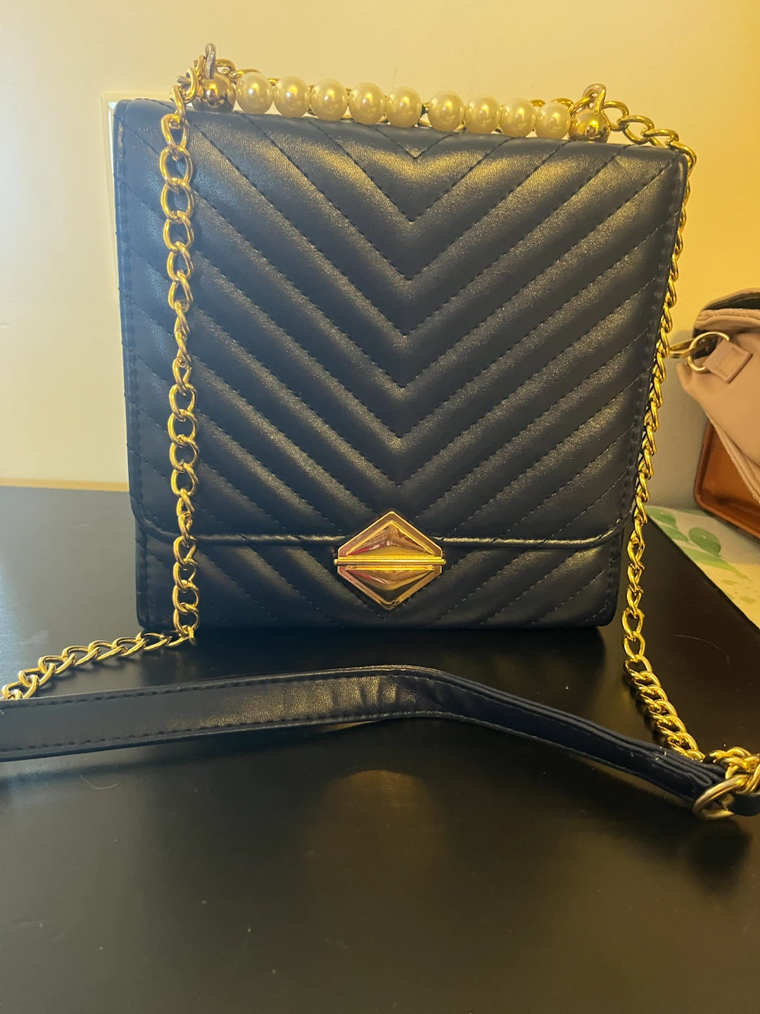 Navy Chevron Quilted Shoulder Bag with Pearl Strap