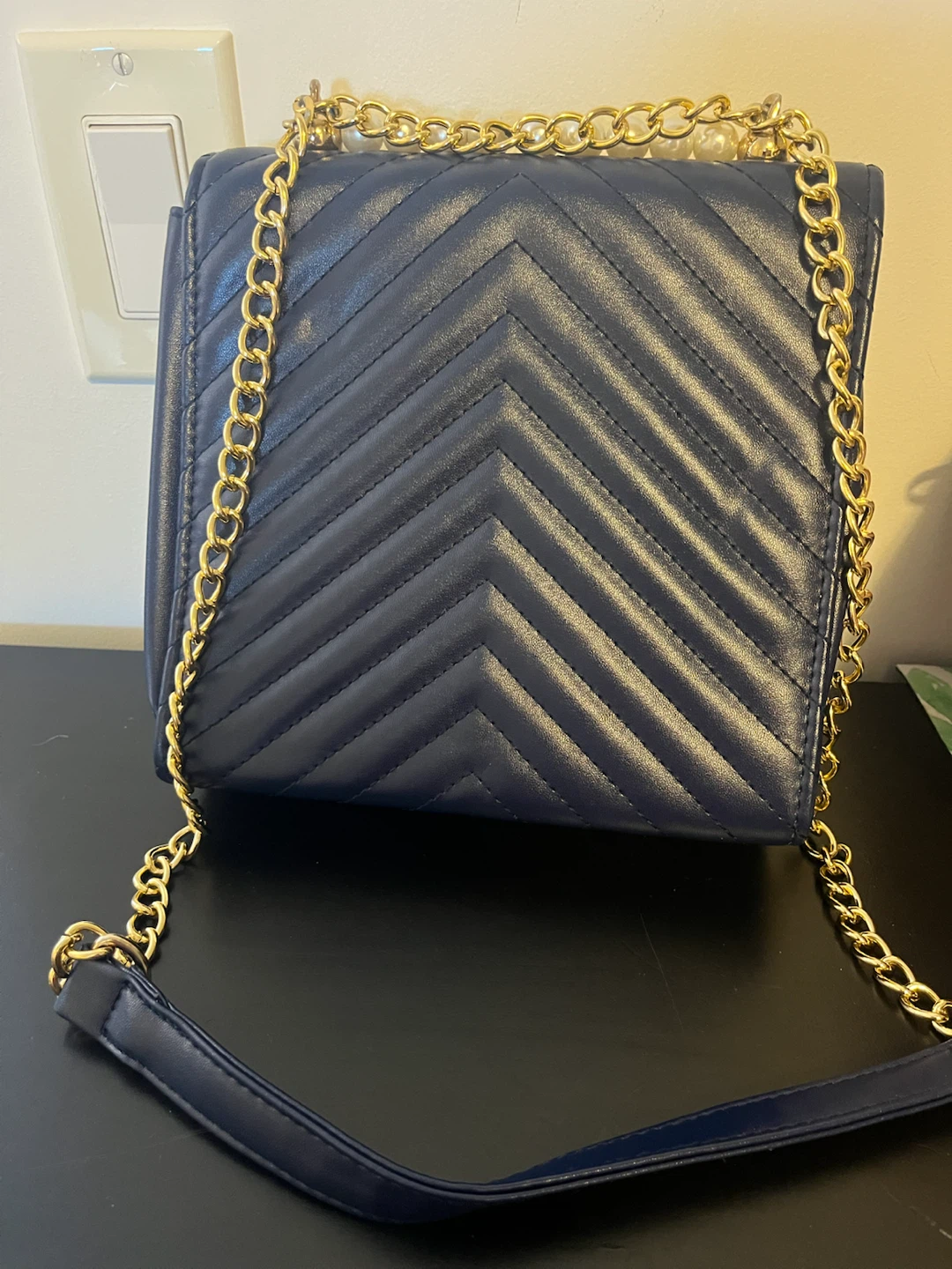 Navy Chevron Quilted Shoulder Bag with Pearl Strap - photo 2