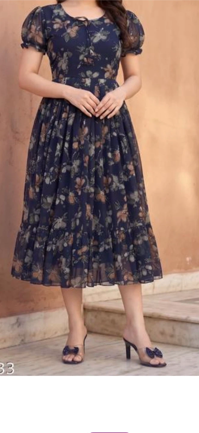 Navy Floral Print Puff Sleeve Midi Dress