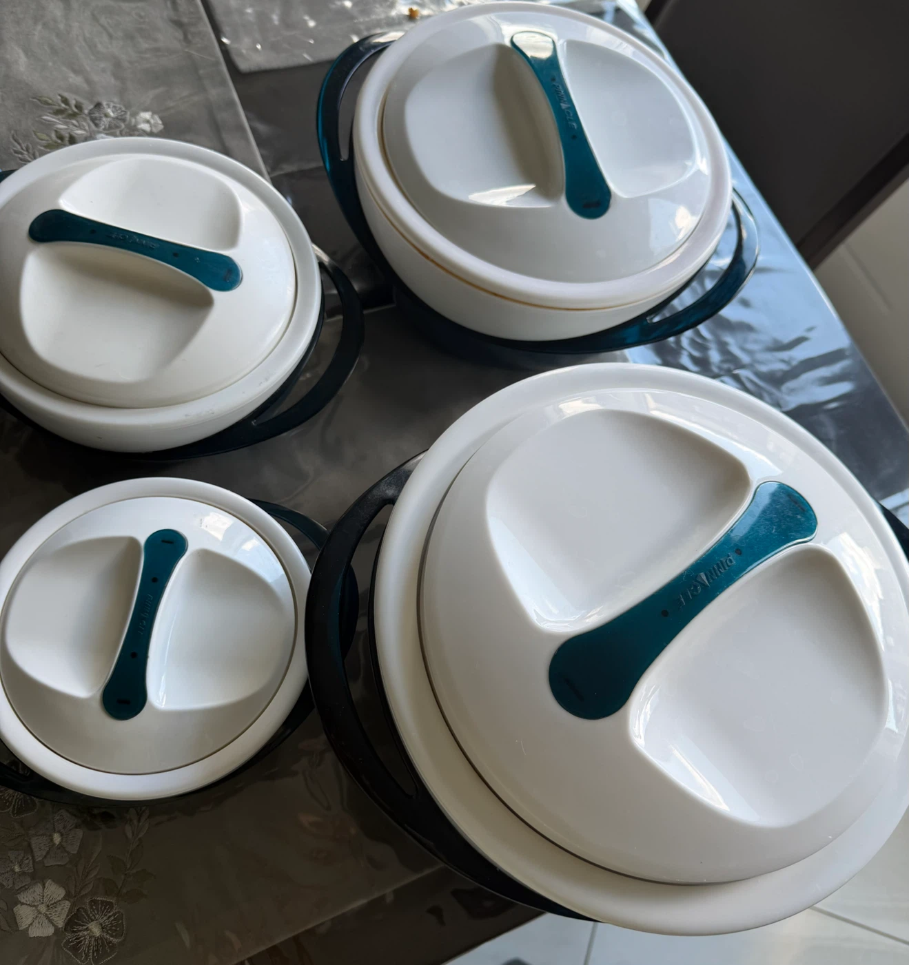 Set of 3 White & Teal Casserole Food Warmers