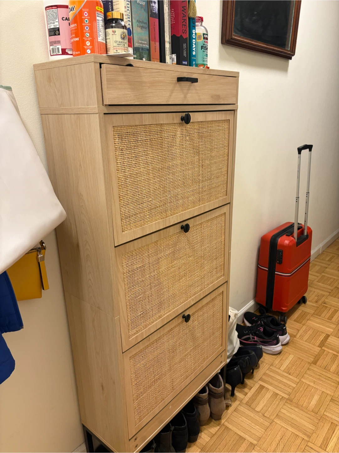 Wood and Cane Shoe Cabinet with Drawer