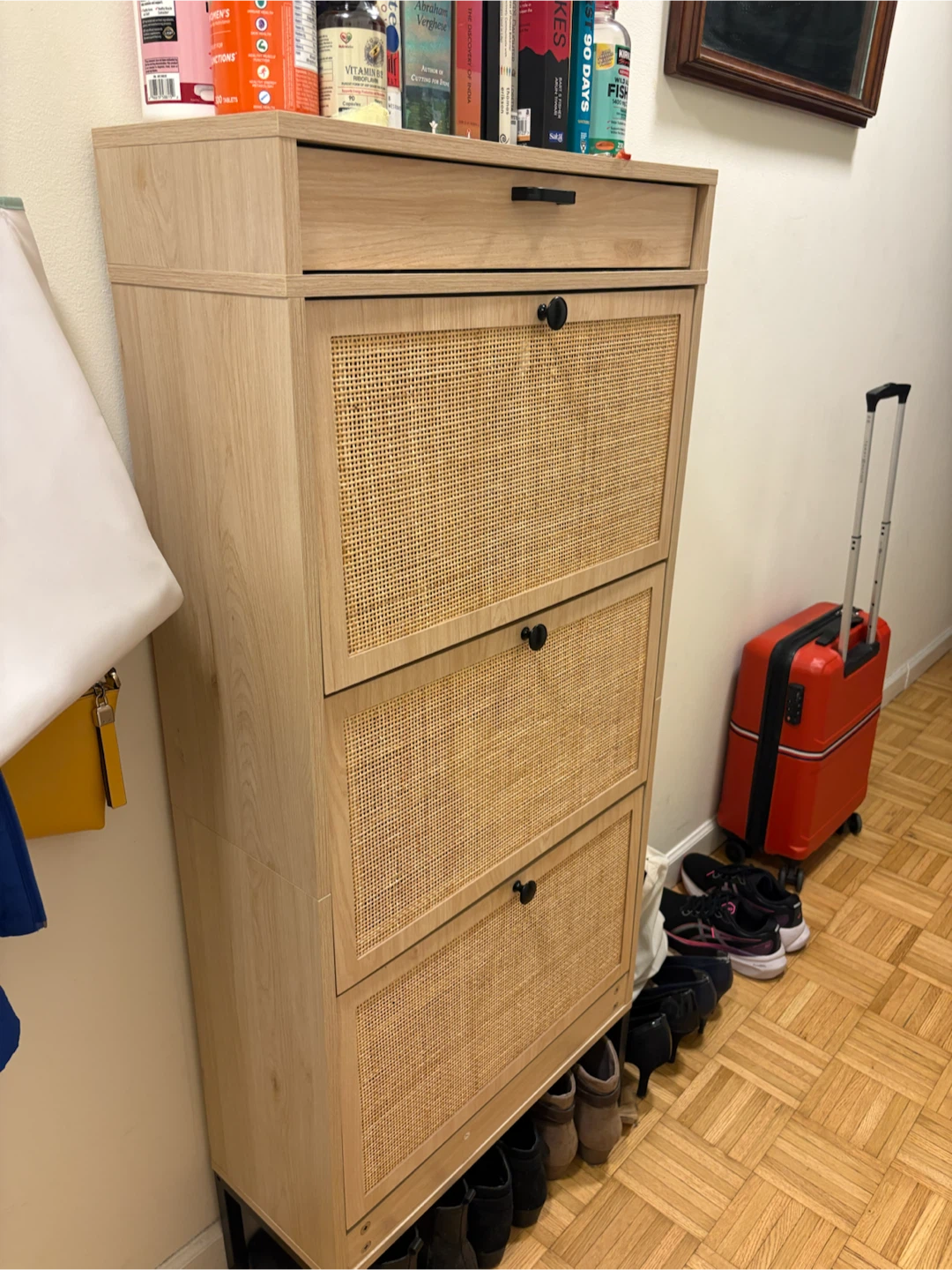 Wood and Cane Shoe Cabinet with Drawer - photo 2