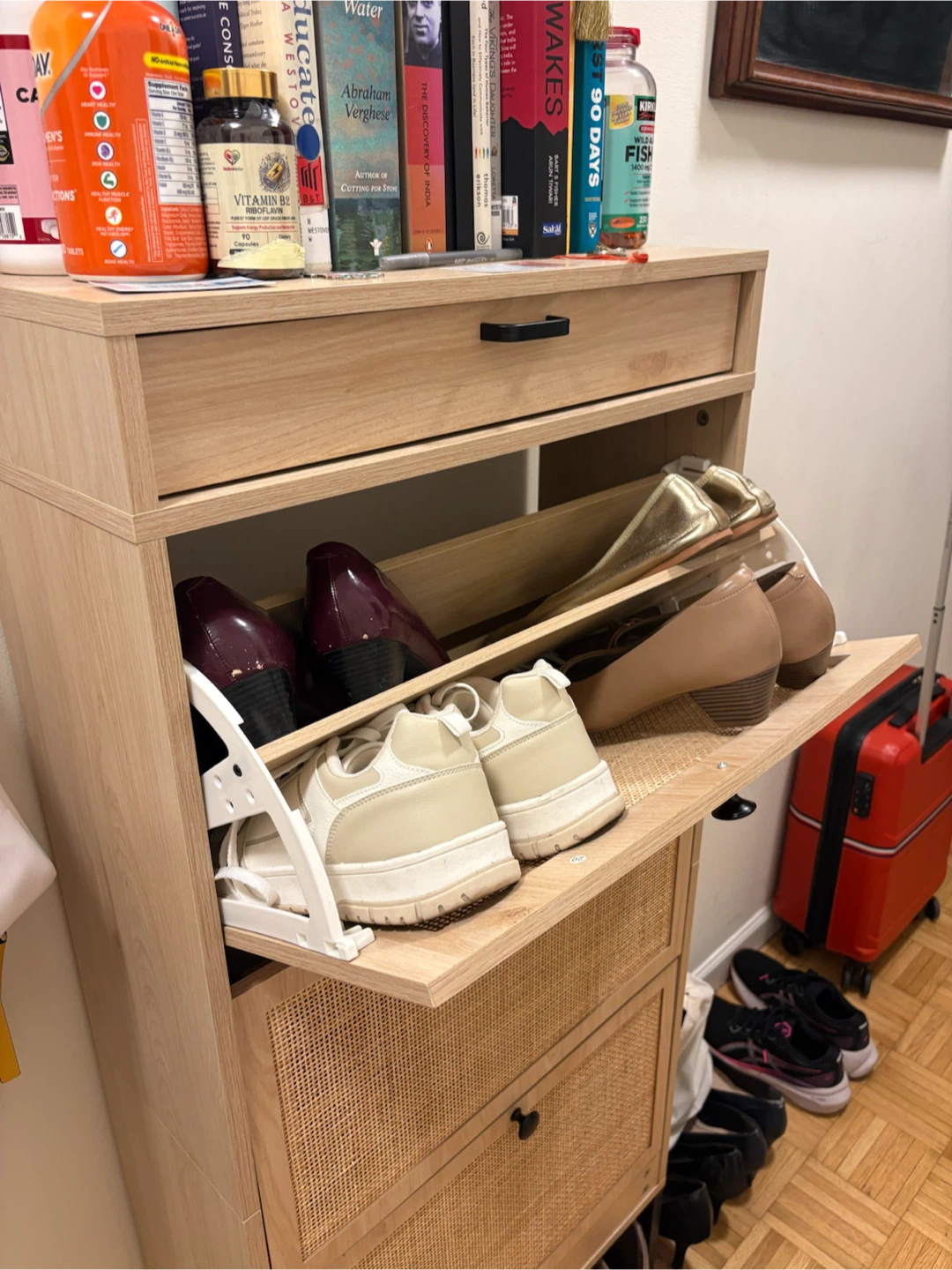Wood and Cane Shoe Cabinet with Drawer - photo 3
