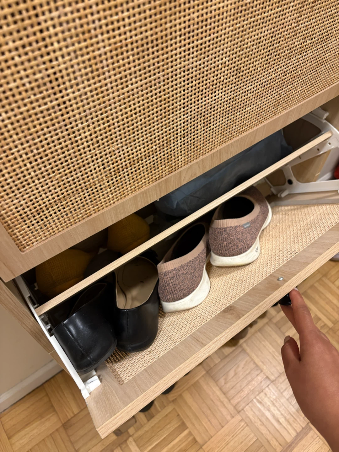 Wood and Cane Shoe Cabinet with Drawer - photo 4