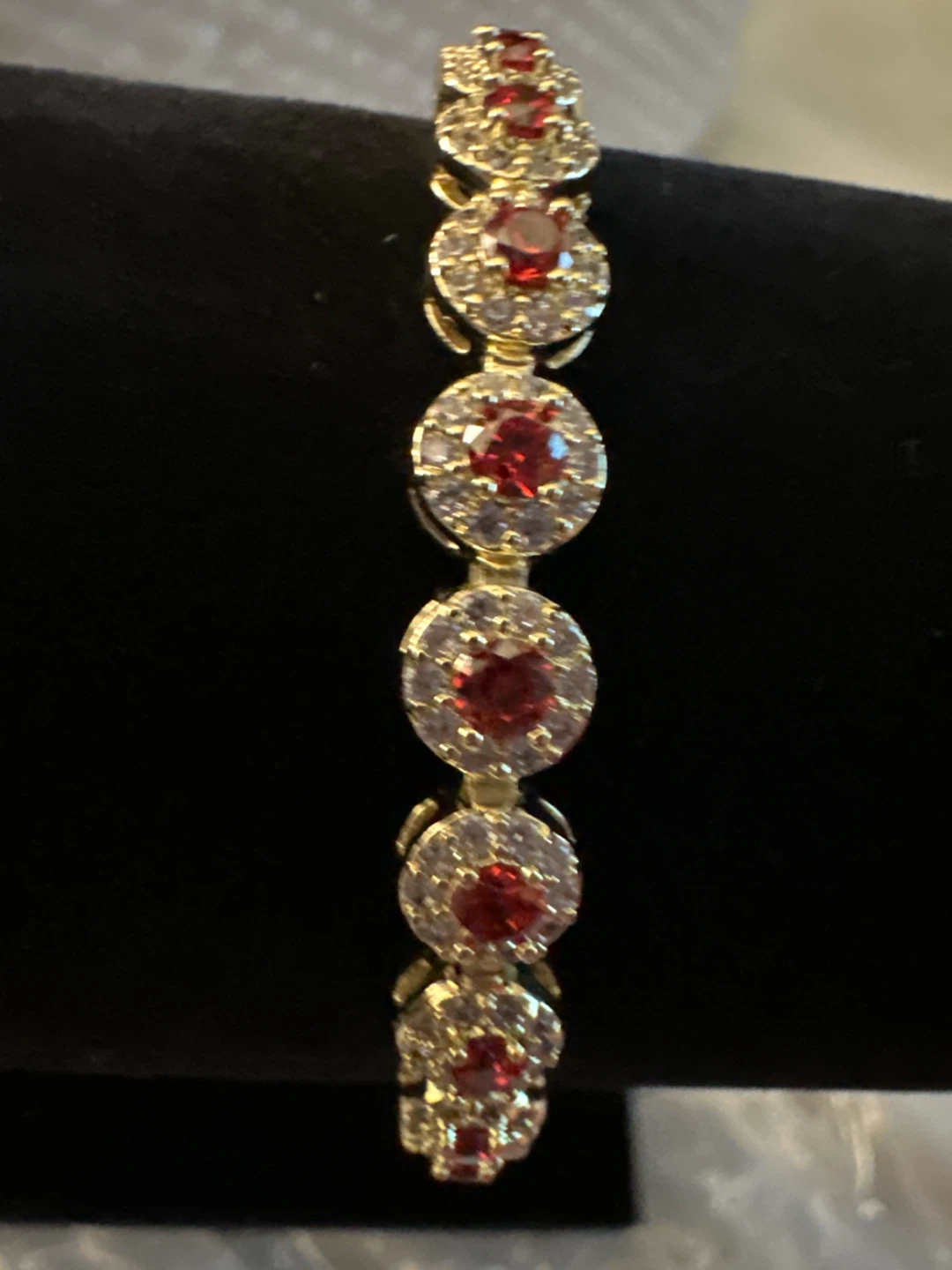 14k Gold laminated bracelet with red and clear stones