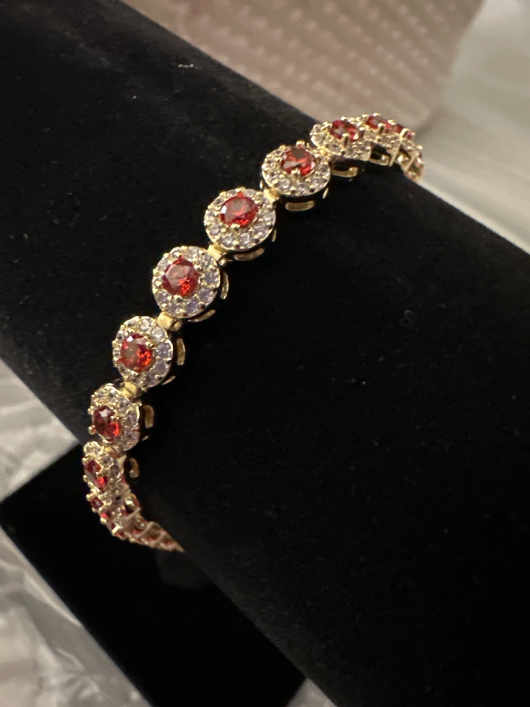 14k Gold laminated bracelet with red and clear stones - photo 2