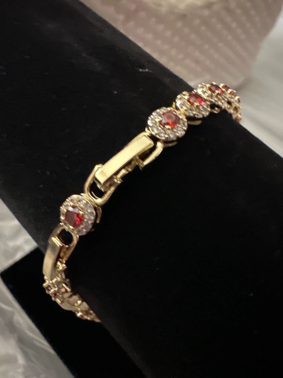 14k Gold laminated bracelet with red and clear stones - photo 3