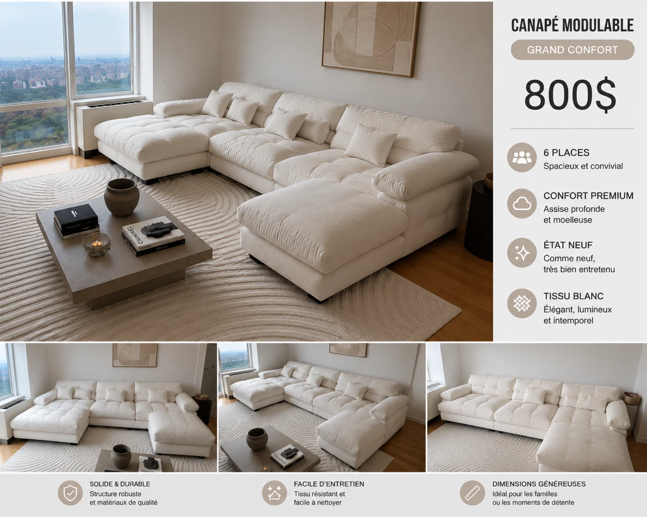 Modular Sectional Sofa - White, 6 Seater