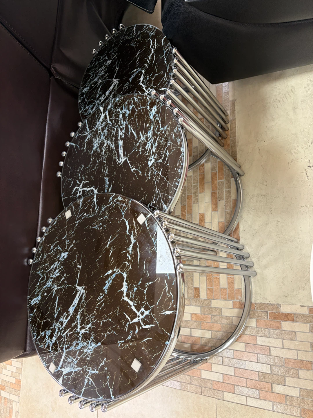 Set of 3 Round Side Tables with  Glass Tops