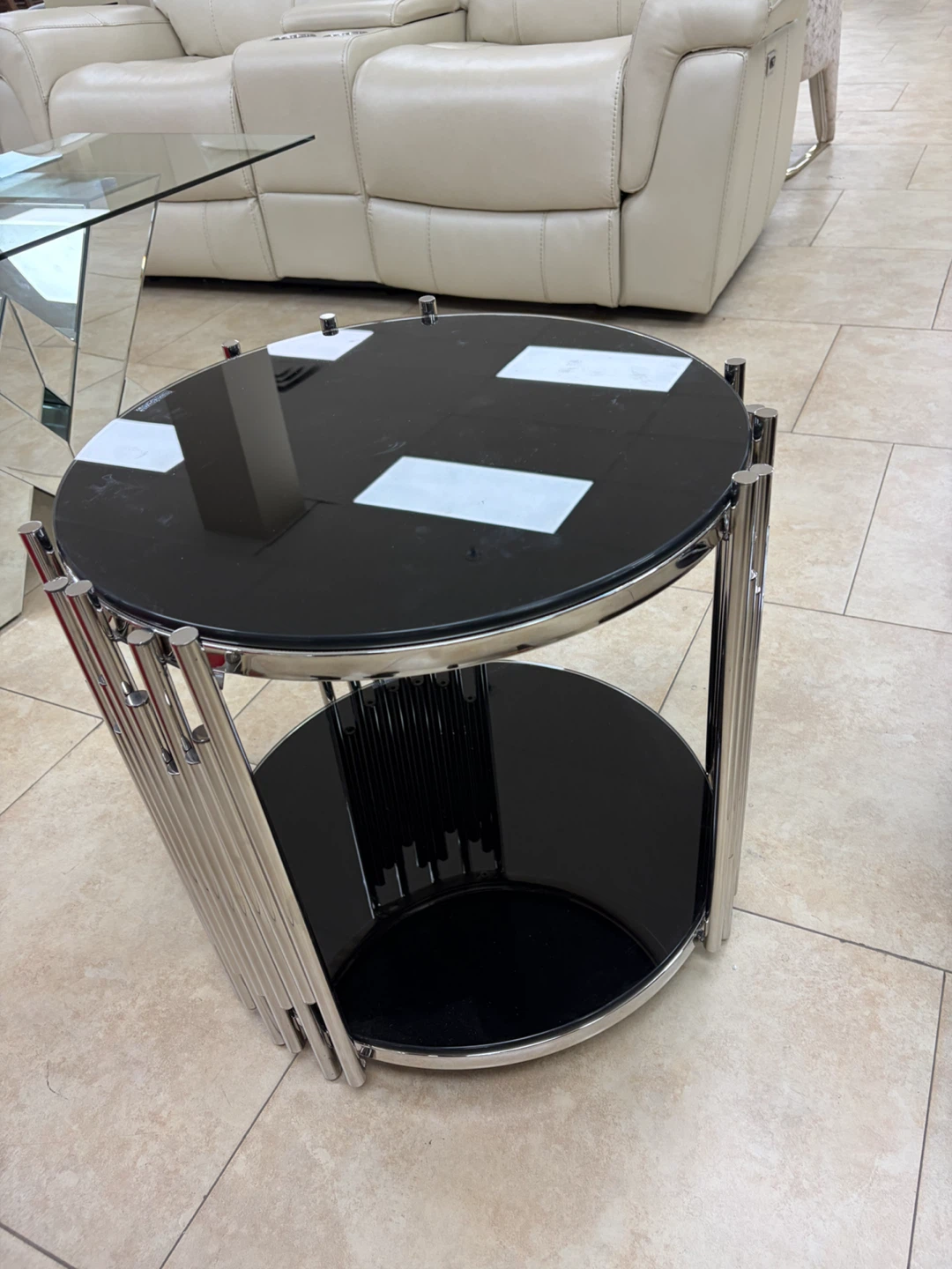 Round Side Table with Black Glass Top