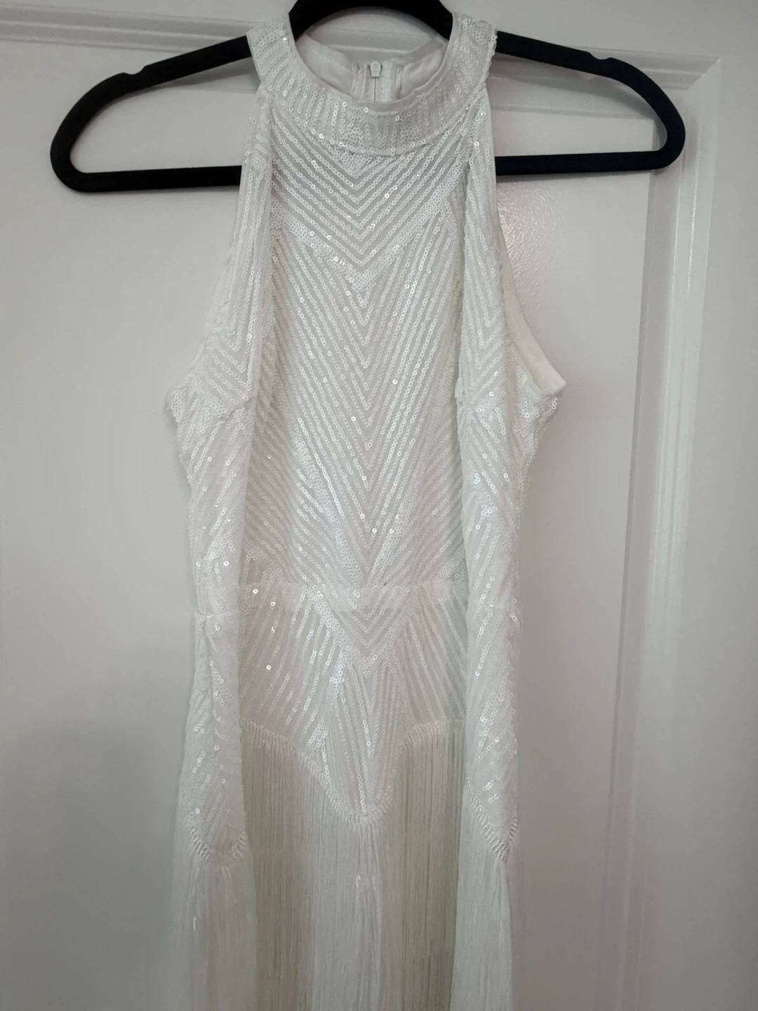 White Sequin Fringe Maxi Dress