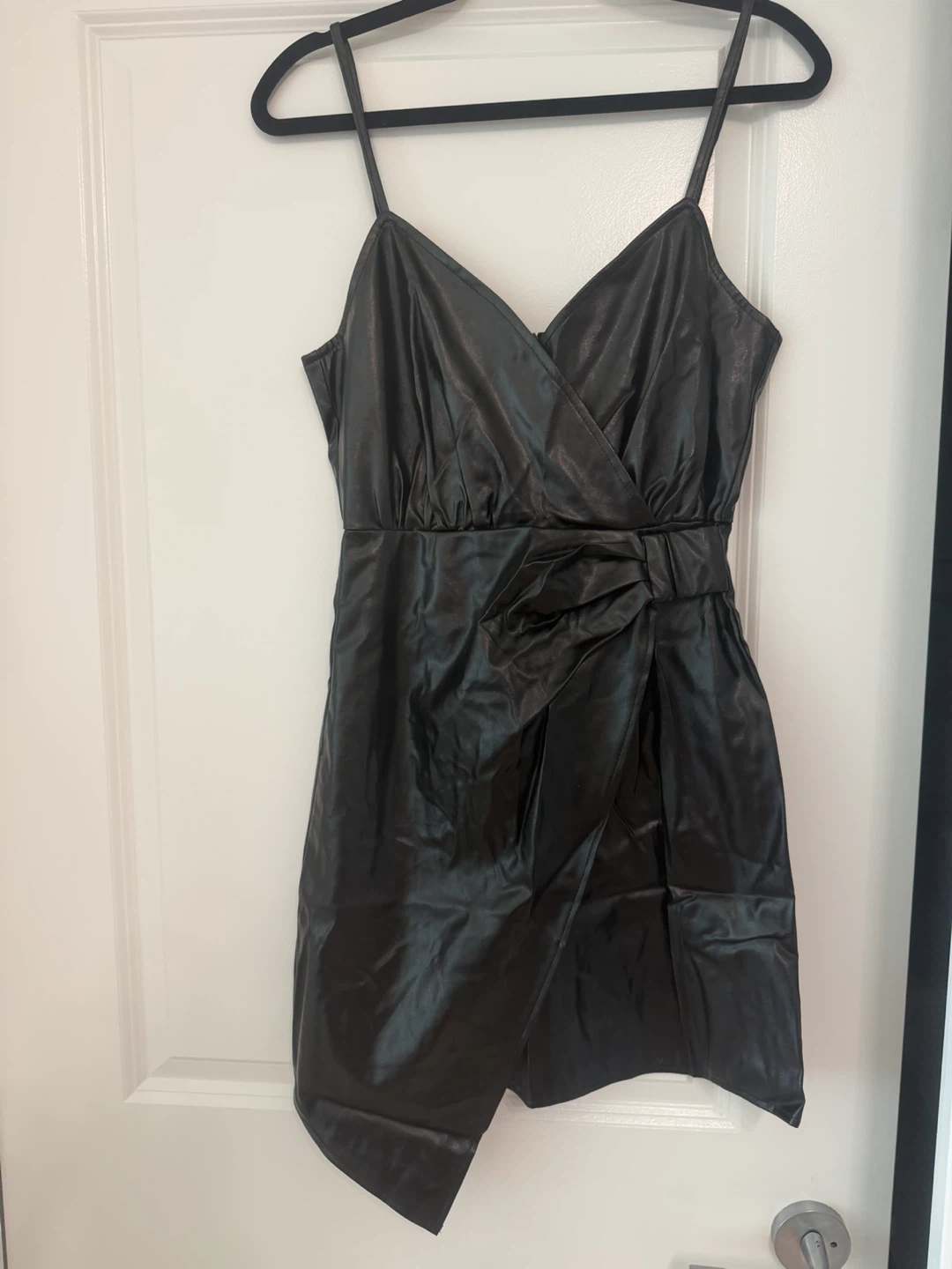 Black Faux Leather Mini Dress with Ruched Detail