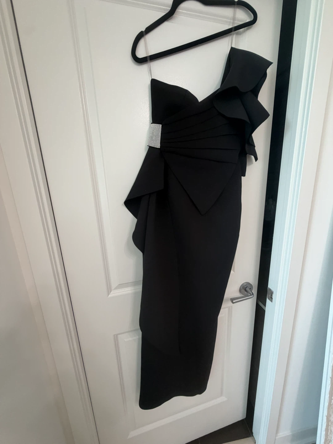 Black One-Shoulder Ruffled Dress with Rhinestone Detail