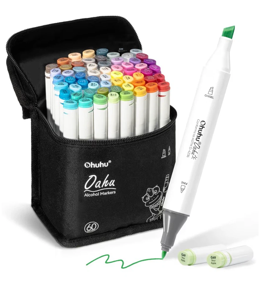 New 60 Ohuhu Colours Dual Tips Alcohol Art Markers Fine & Chisel