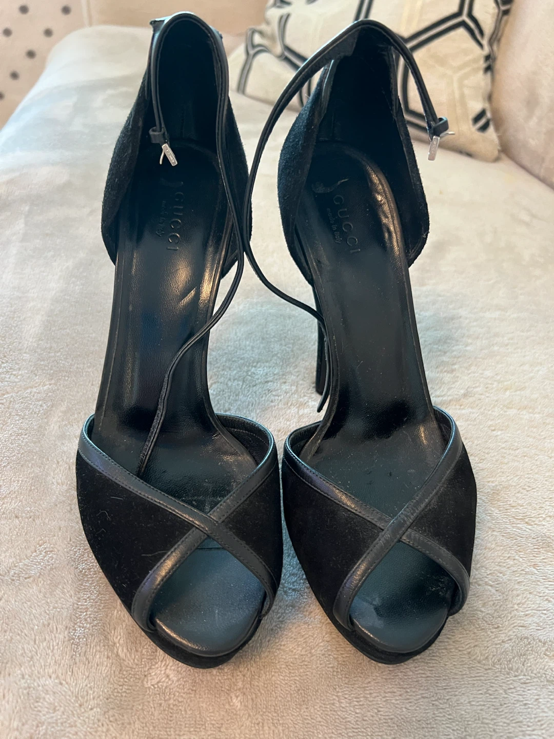 Gucci Black Suede Peep-Toe Heels Size 37.5