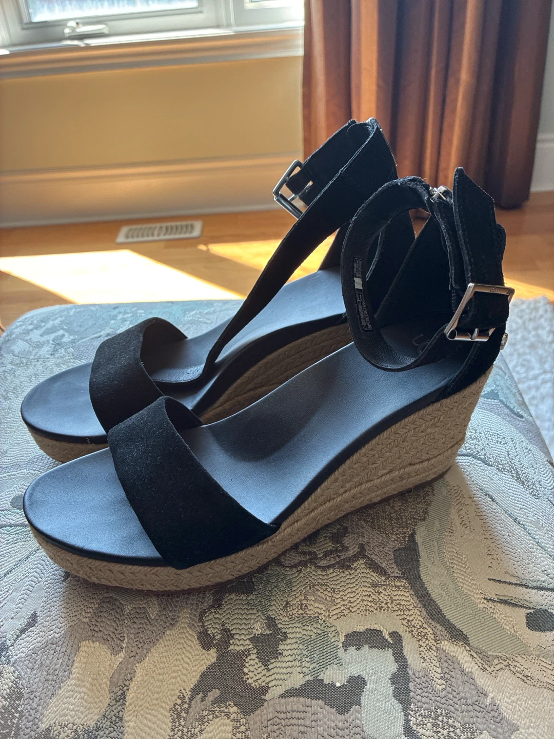 UGG Black Suede Wedge Espadrille Sandals