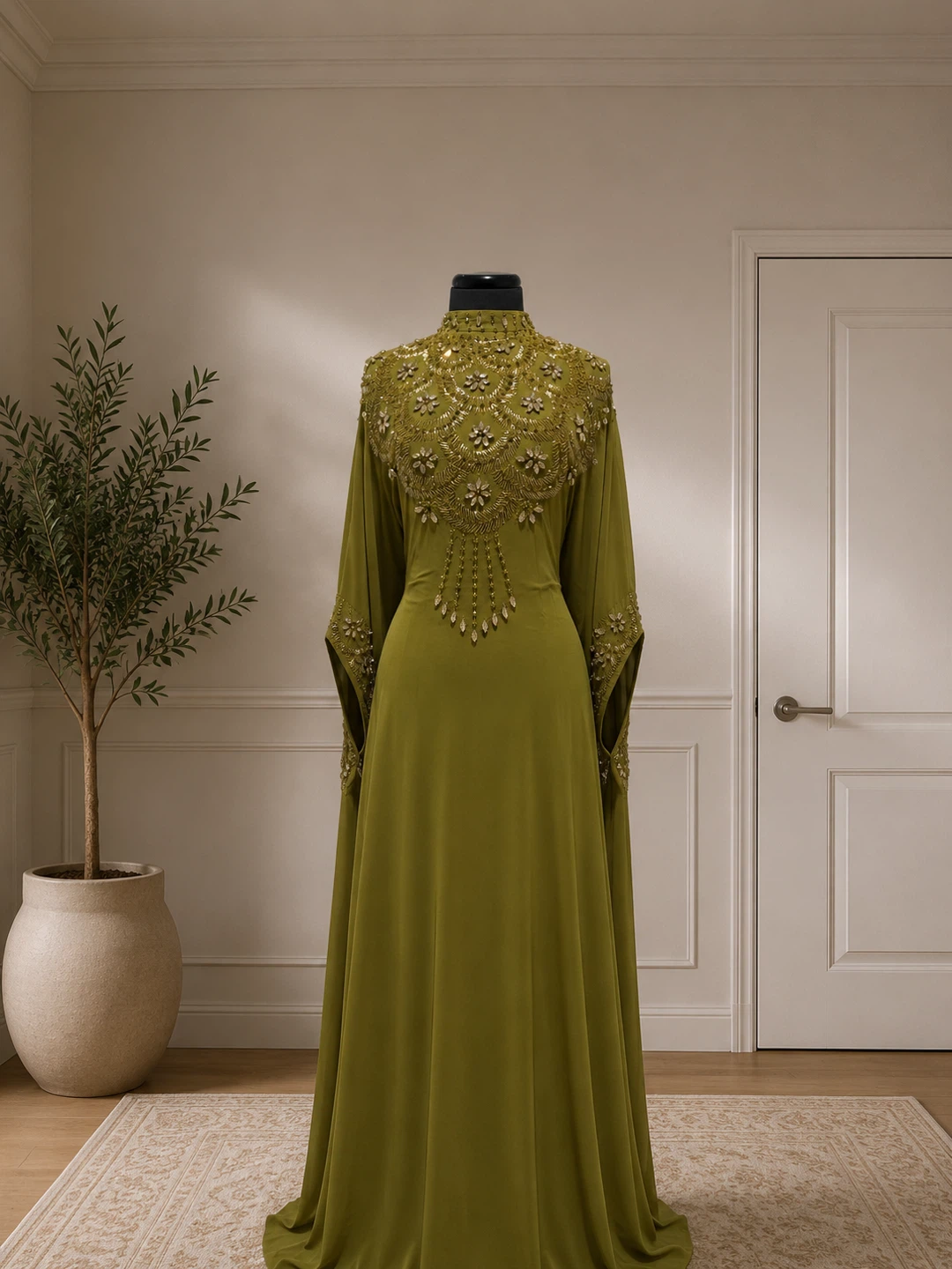 Olive Green Beaded Kaftan Dress
