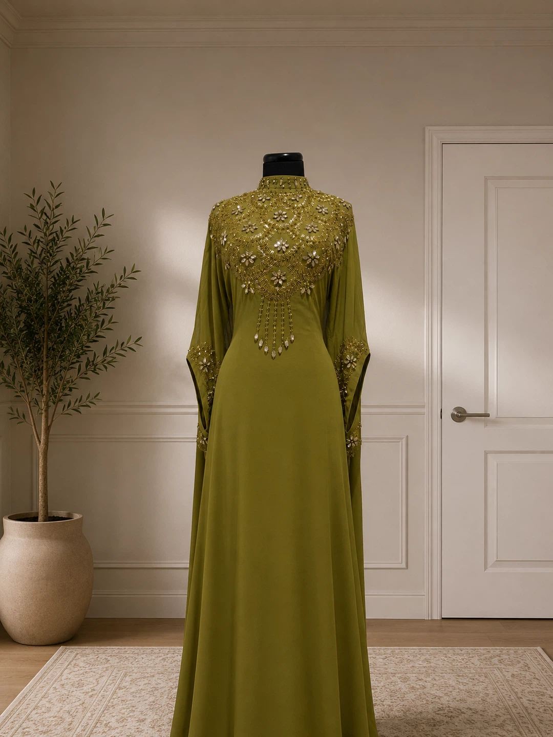 Olive Green Beaded Kaftan Dress - photo 2