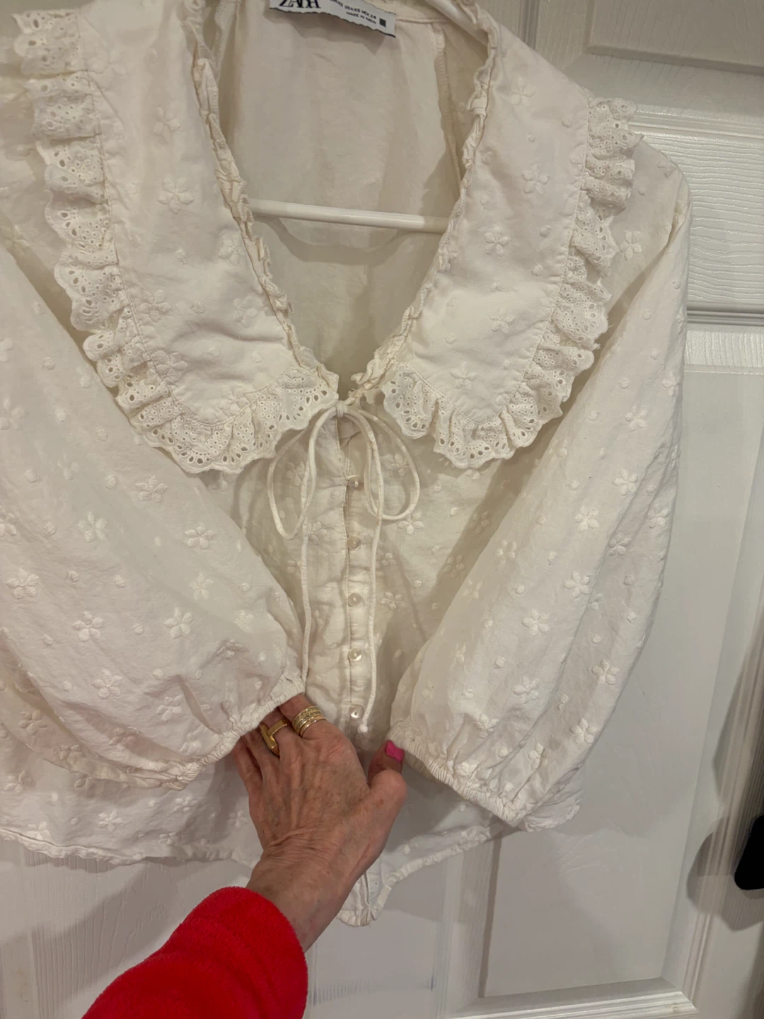 ZARA White Embroidered Blouse with Ruffle Collar - photo 2