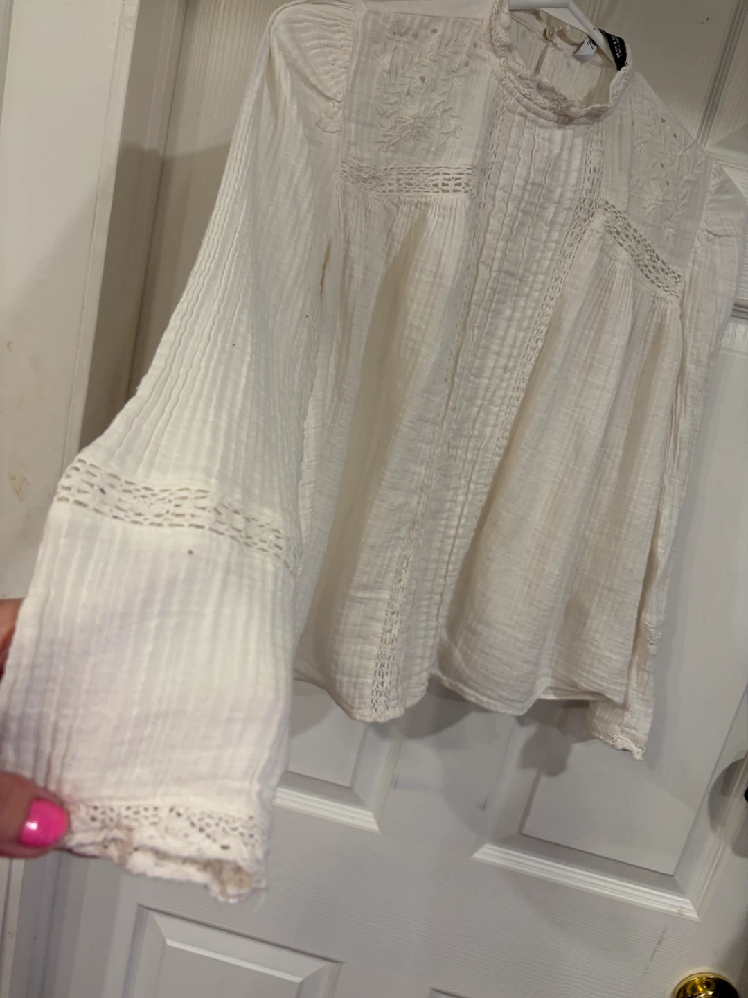 ZARA White Embroidered Long Sleeve Blouse