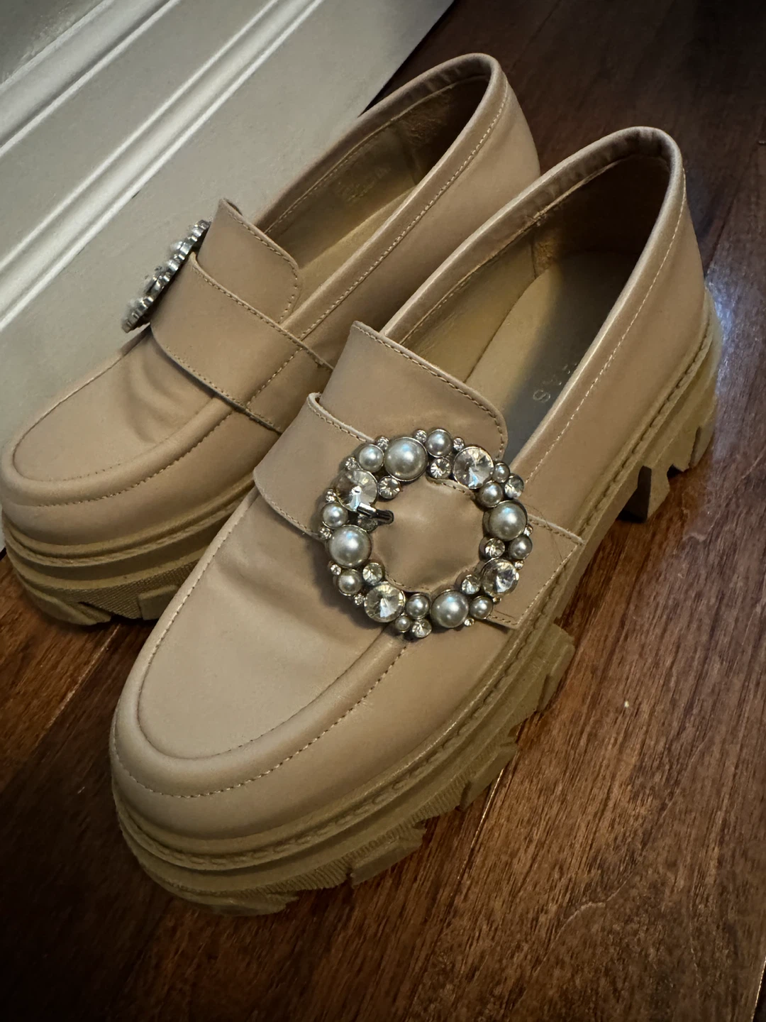 ALOHAS Platform Loafers with Pearl & Crystal Embellishment