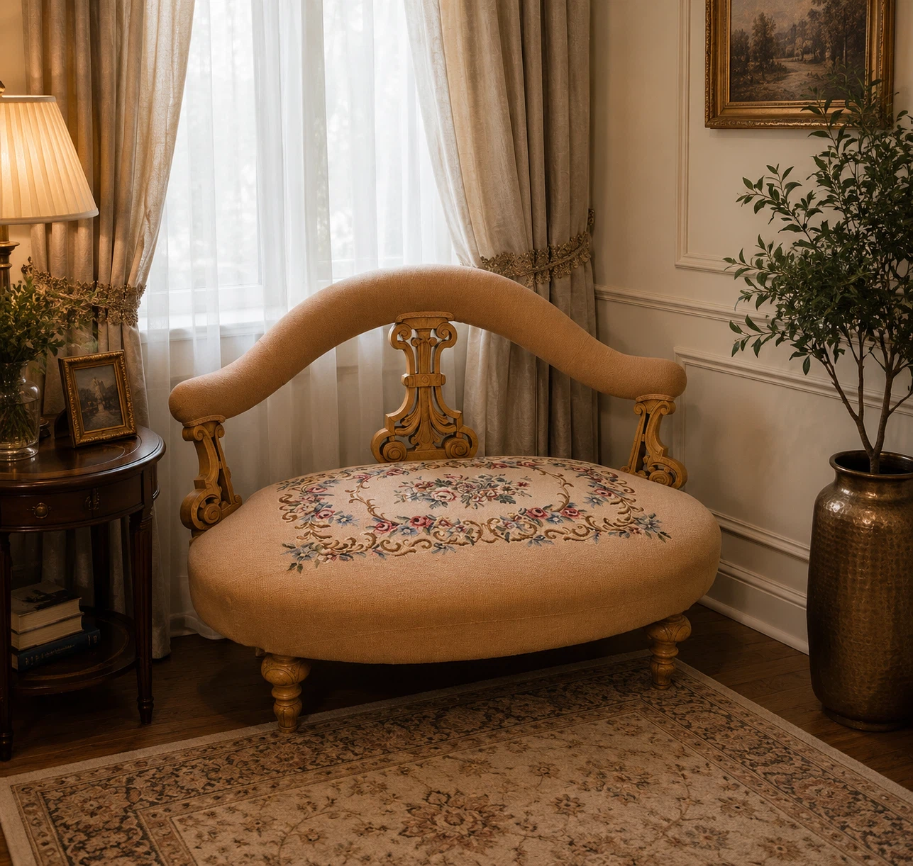 Ornate Accent Chair with Floral Needlepoint Seat