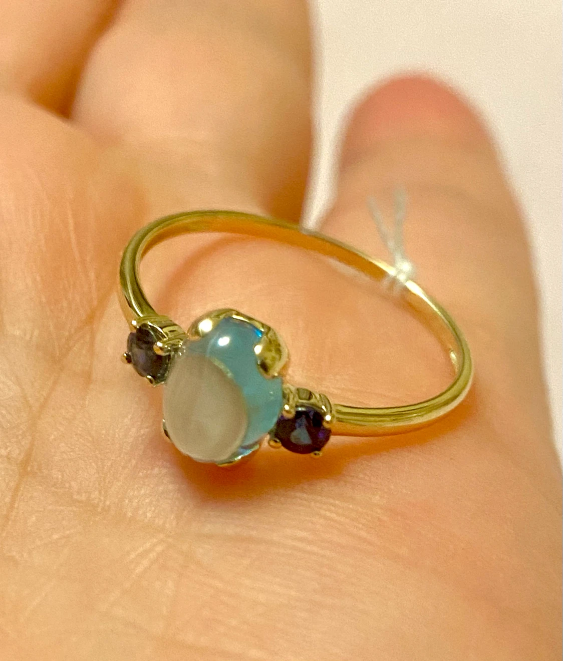 14K Gold Moonstone & Sapphire Ring Size 8.5