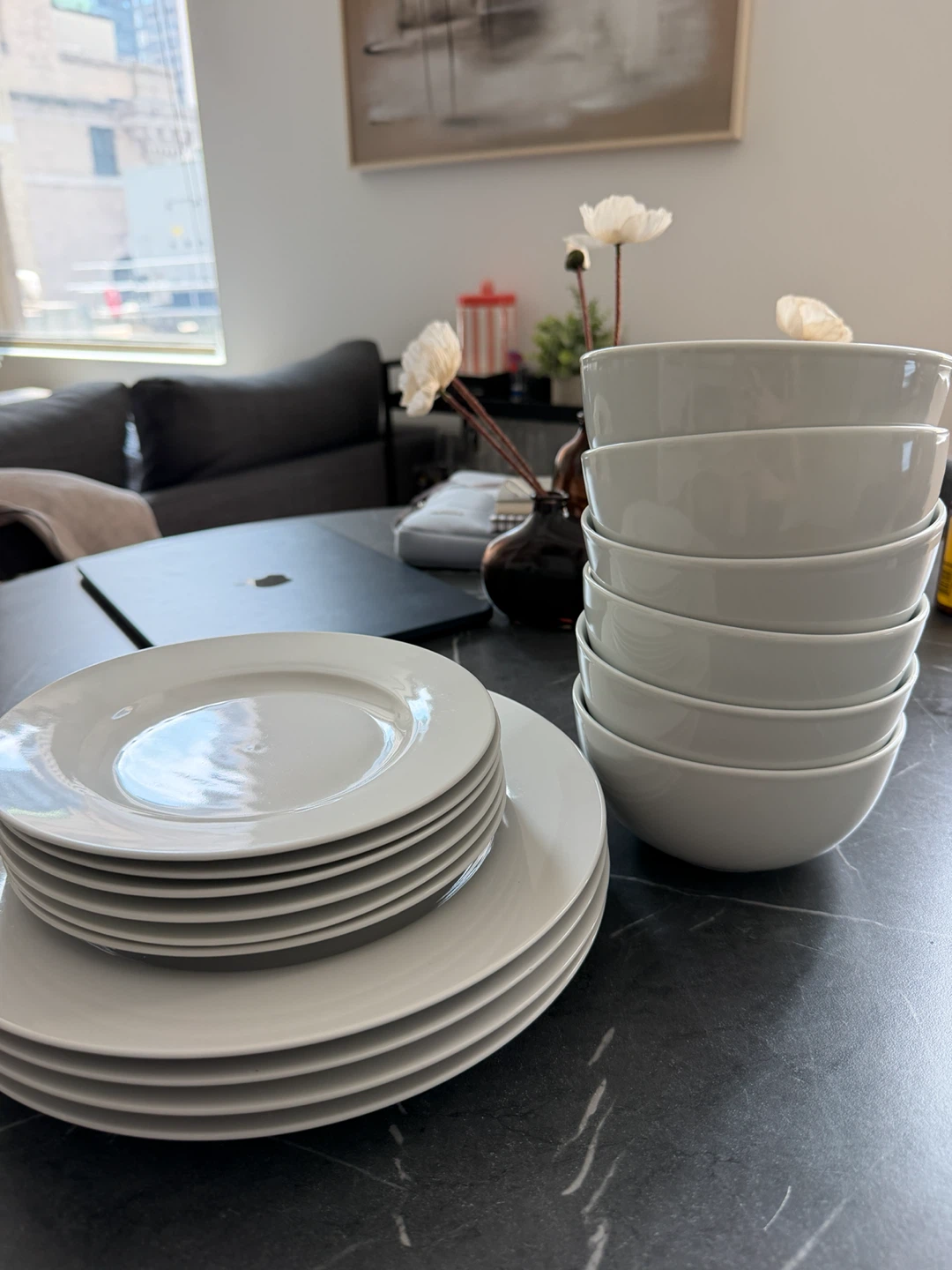 Set of 6 White Ceramic Bowls and 10 Plates