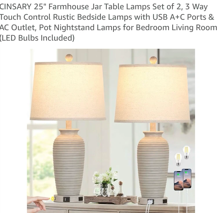 New 25" Farmhouse Table Lamps with Charge Ports Set of 2