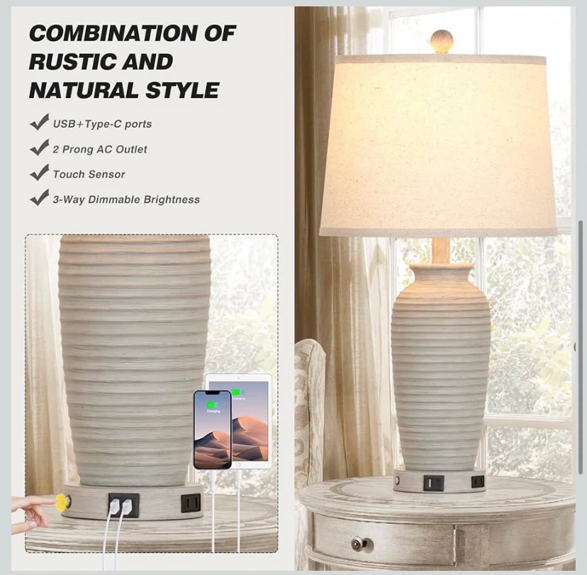 New 25" Farmhouse Table Lamps with Charge Ports Set of 2 - photo 3